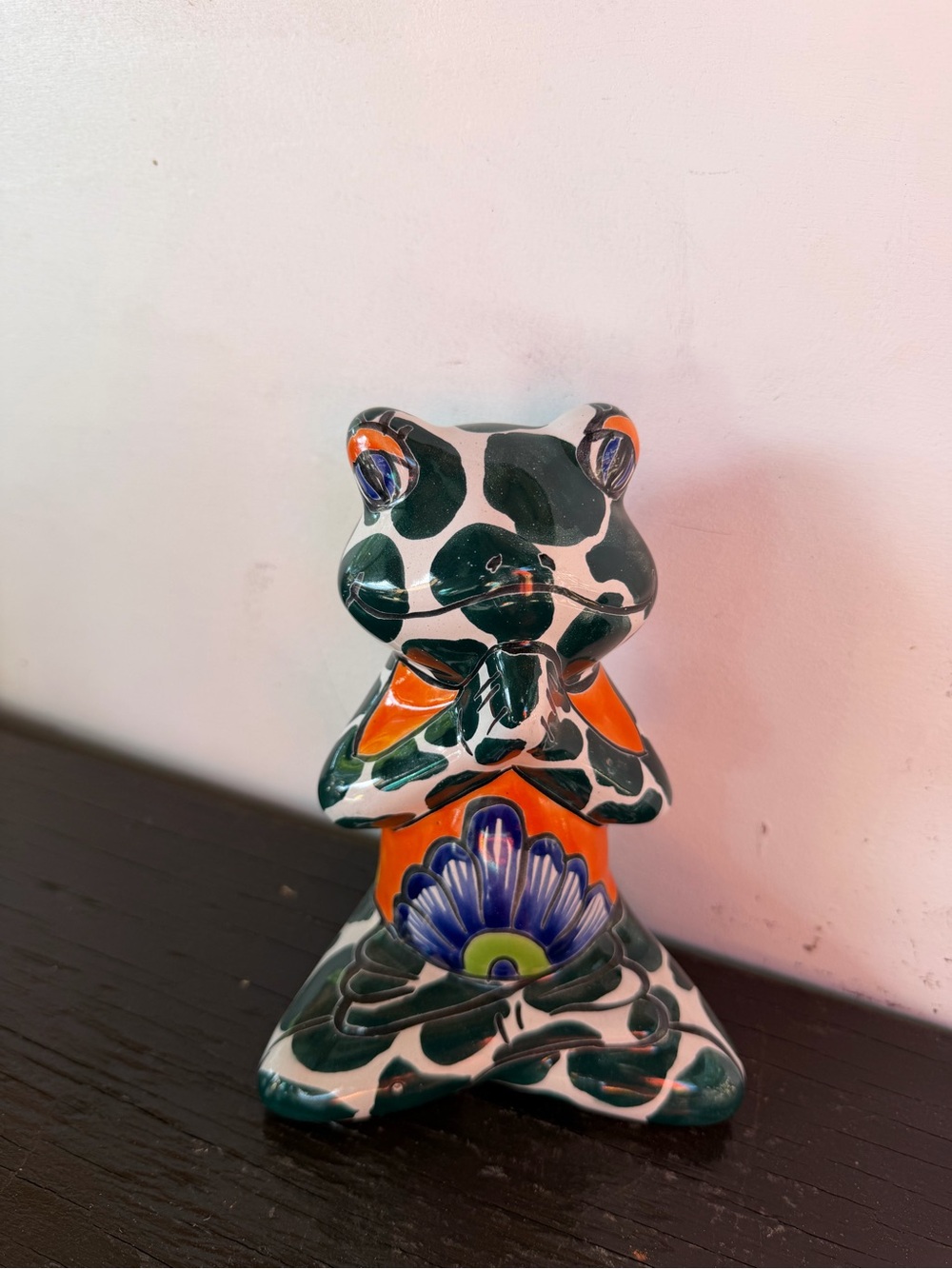 Hand-Painted Talavera Yoga  Frog  Sculpture Décor.